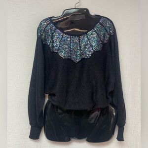 Vintage 1980’s Joyce Sportswear Black Sweater/Top w/Multicolor Sequin Collar, S🍁